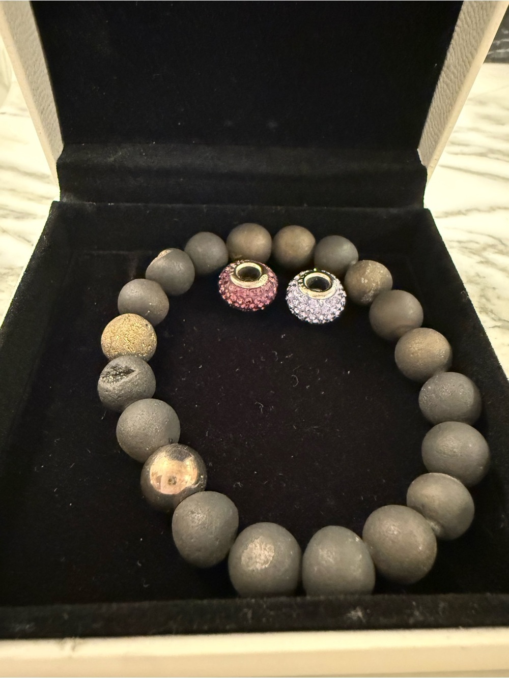 Matte Black Bead Bracelet with Pink & Lavender Crystal Accent Beads